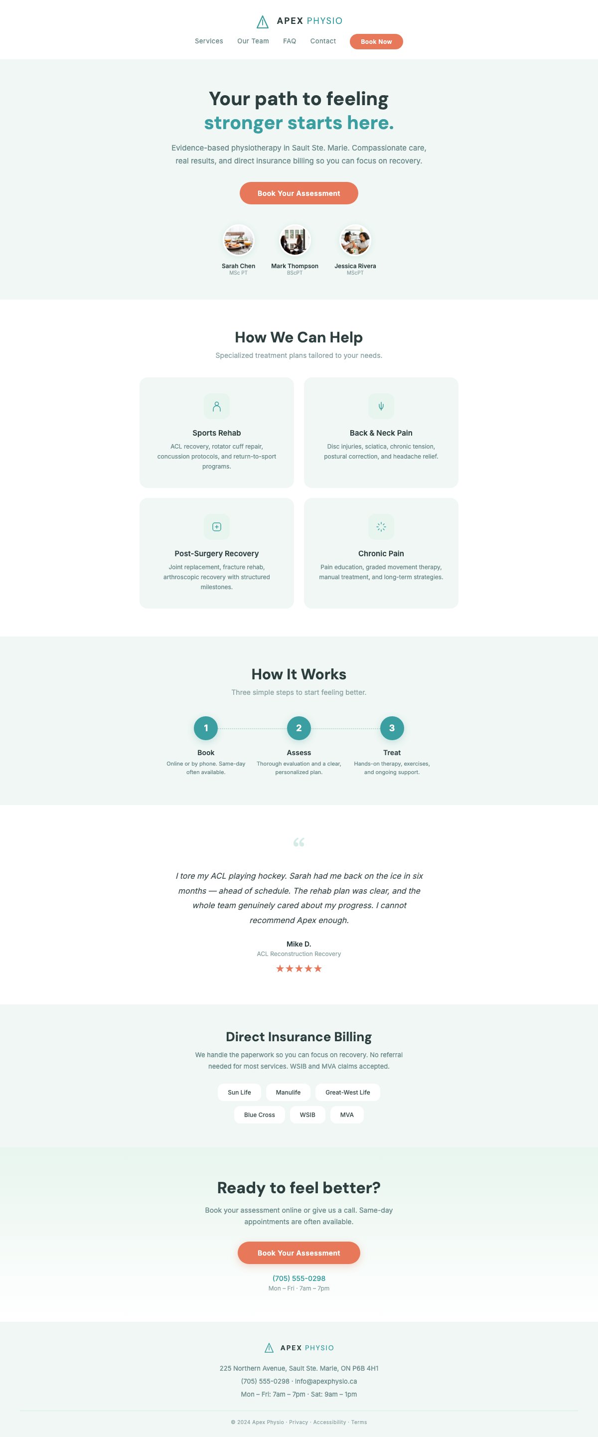 Apex Physio full page website design by Bunker41