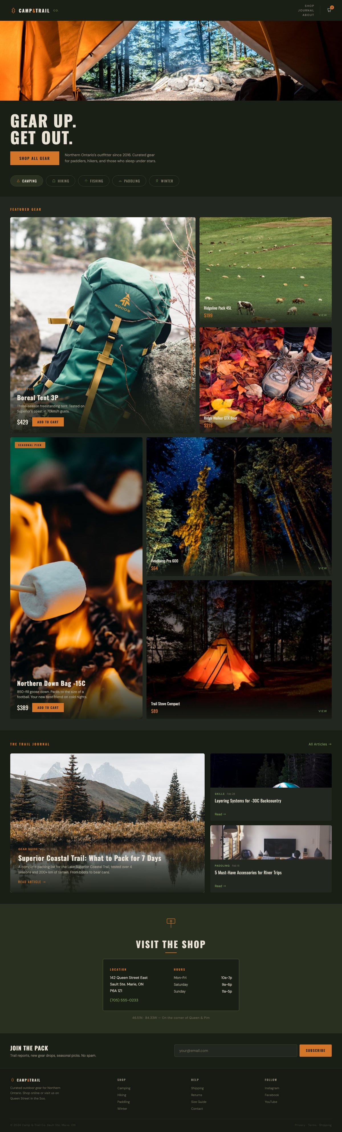 Camp & Trail Co. full page website design by Bunker41